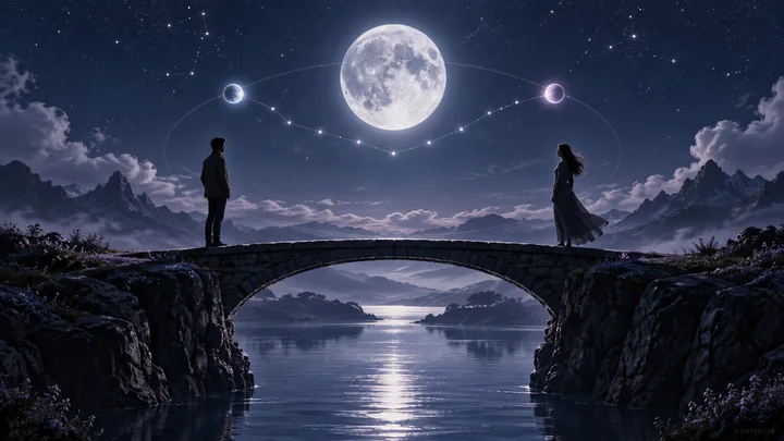 Two silhouetted people stand on opposite ends of a moonlit stone bridge over calm water, facing each other beneath an indigo sky.