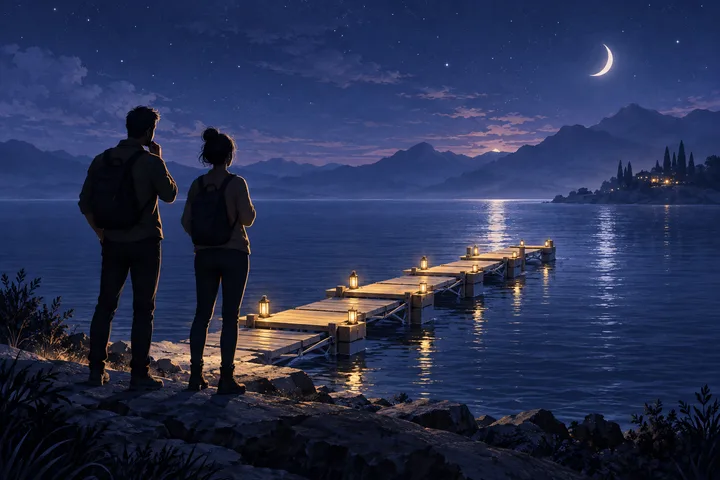 Two people stand beside a moonlit lake and a lantern-lit wooden dock, considering the next step toward a shared life.