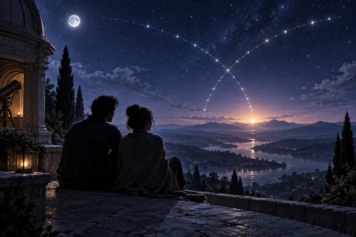 A seated couple looks across a moonlit lake beneath curved celestial arcs, sharing a quiet moment of reflection.
