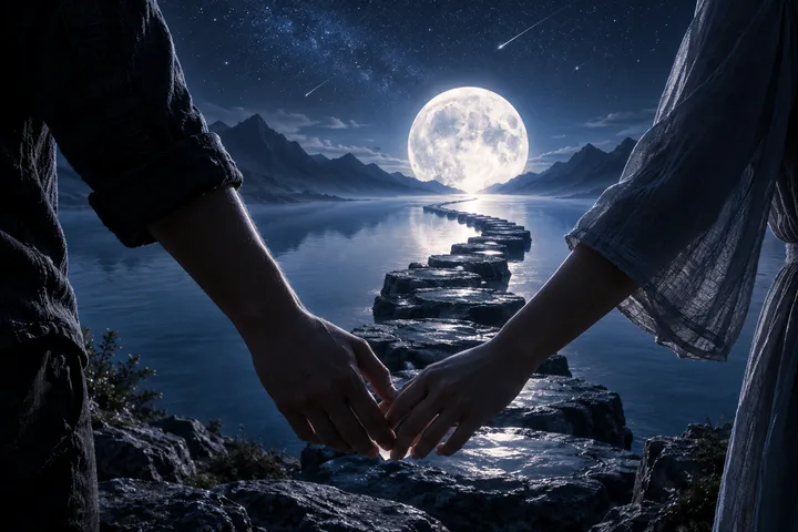 Two people join hands above moonlit stepping stones across a lake, symbolizing a shared path built one step at a time.