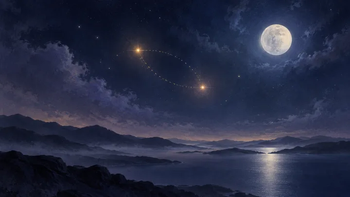 Moonlit mountain lake beneath a starry sky, with two glowing points connected by dotted arcs above the water.