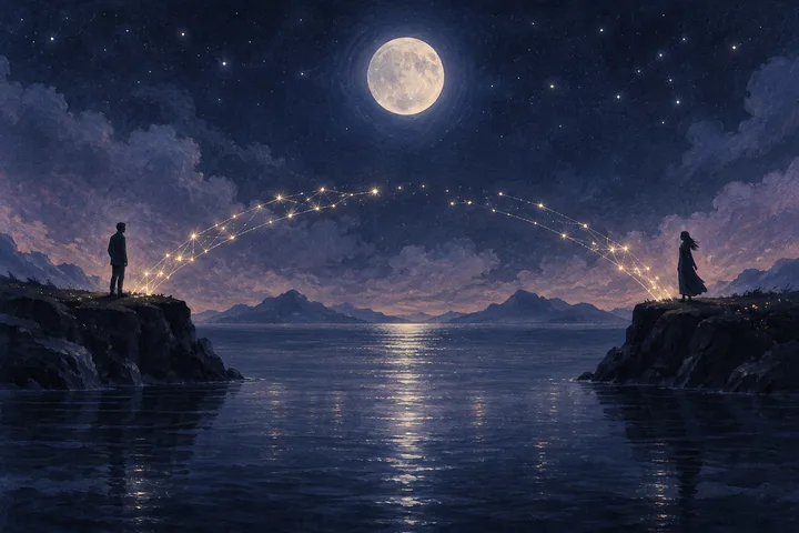 Two silhouetted figures stand on opposite rocky shores beneath a full moon, with glowing arcs stretching between them.