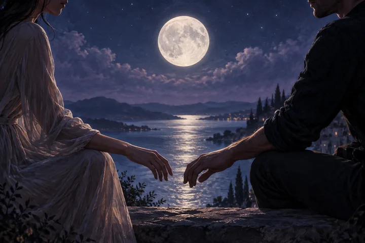 Two people sit facing each other on a rocky ledge beside a moonlit lake, with their hands reaching toward one another.