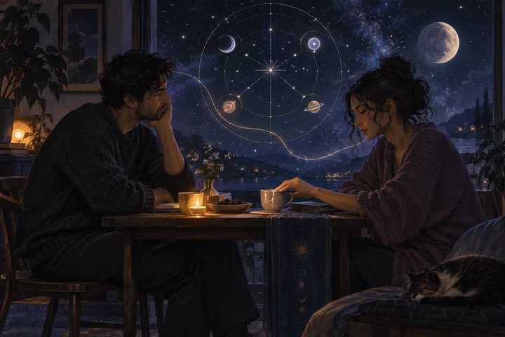Two people sit across a candlelit table beneath an illustrative synastry star map, connected by a glowing celestial thread as they face a quiet disappointment.