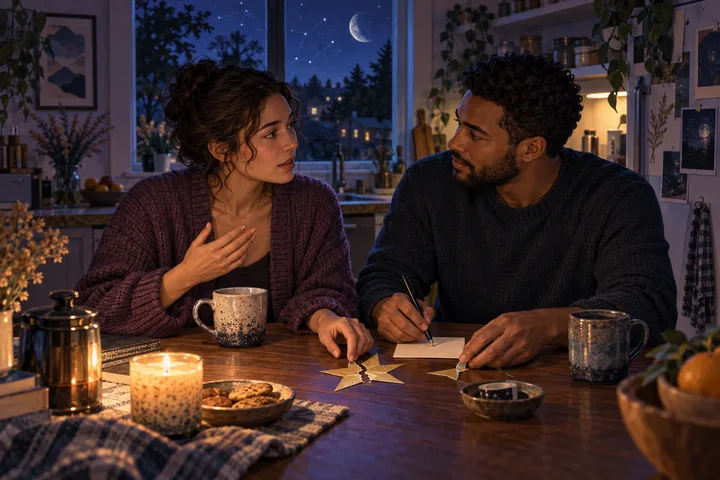 Two people listen and make a concrete next step at a kitchen table while repairing a small torn paper star under a moonlit window.