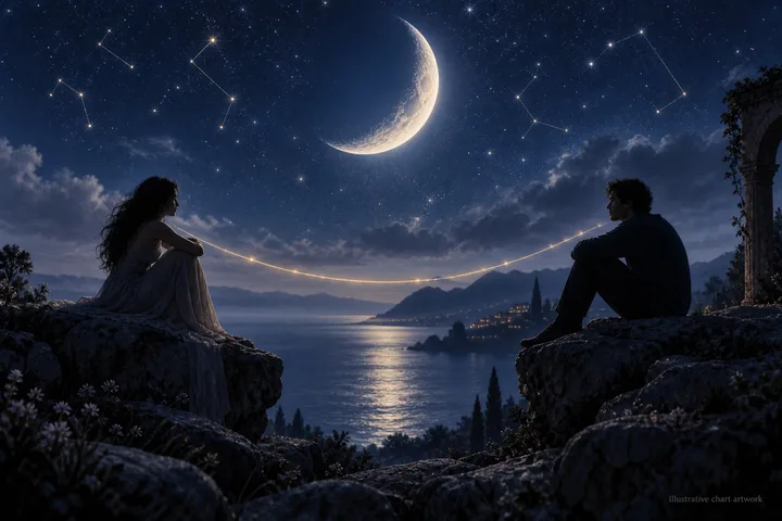 Two people sit on separate rocky ledges beside a moonlit lake, with a crescent moon, stars, mountains, and a glowing curved line between them.
