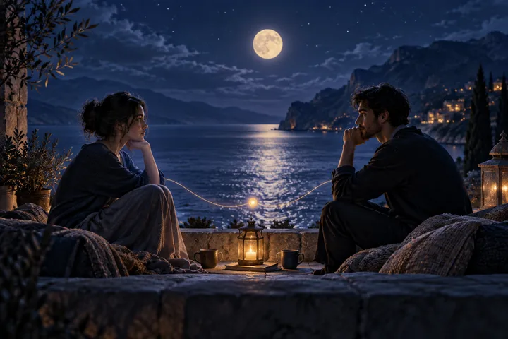 Two people sit facing each other on a stone terrace above a moonlit lake, with a lantern, two cups, mountains, and a glowing line between them.
