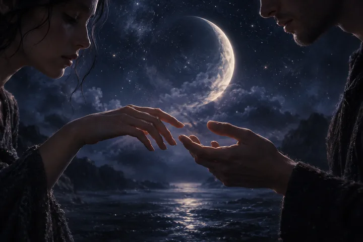A close view shows two people reaching toward each other, with their hands nearly touching beneath a crescent moon over dark water.