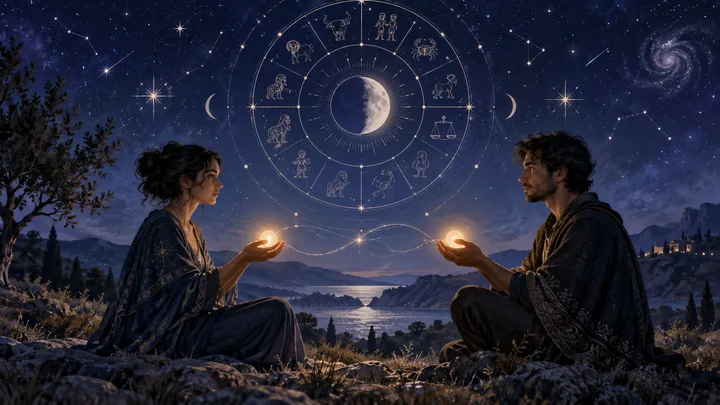Two people exchange warm points of light beneath an illustrative zodiac wheel in a moonlit indigo landscape.