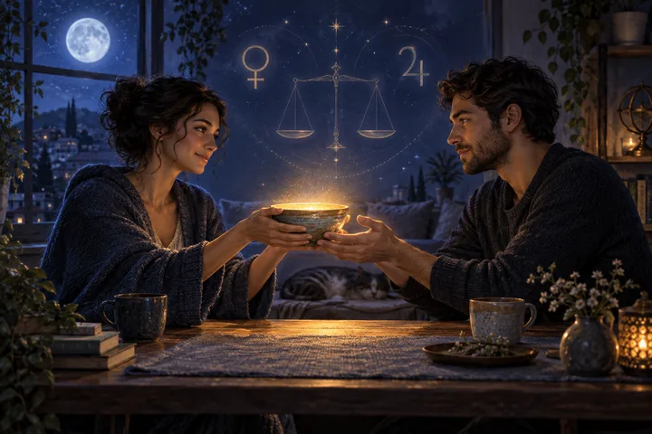 A couple shares a glowing bowl across a table beneath illustrative Venus, Jupiter, and balance symbols at night.