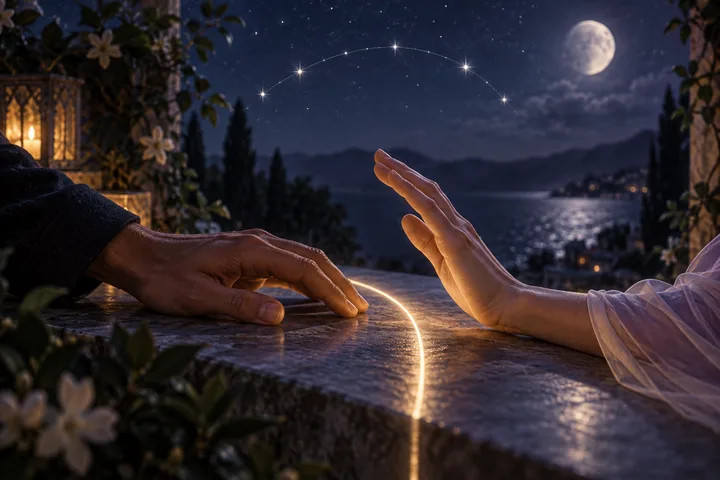 Two hands pause respectfully on opposite sides of a glowing moonlit boundary beneath a soft constellation arc.