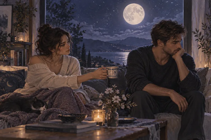 A woman offers a mug to a distracted man beneath a moonlit window, capturing the loneliness of a small bid for closeness going unanswered.