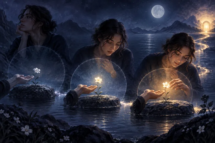 Three moonlit scenes show a small gesture moving from unanswered, to noticed, to warmly received across a symbolic night landscape.