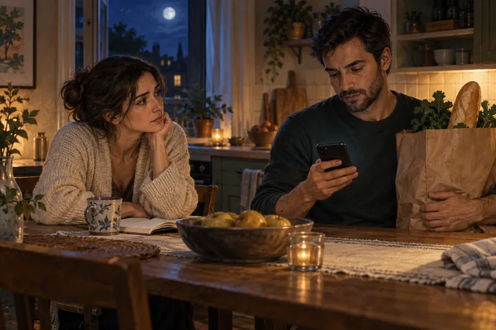 In a warmly lit kitchen, Maria looks toward Tomas while he checks his phone with groceries in hand, illustrating practical care without emotional attention.