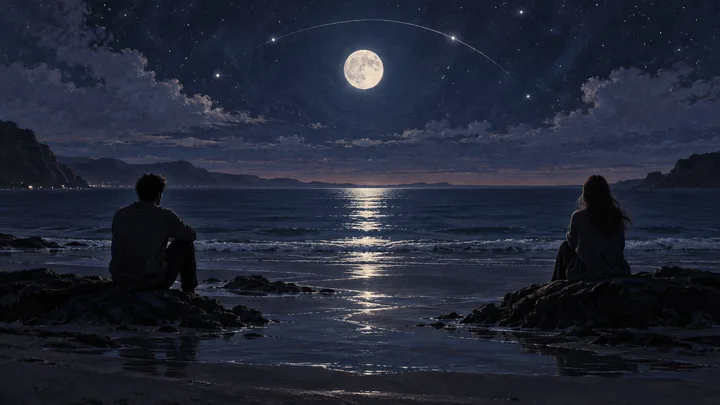 Two separated figures sit on opposite sides of a moonlit indigo shoreline beneath a full moon, sharing a fading path of reflected light.