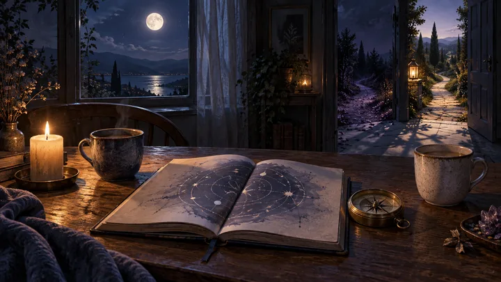 A moonlit indigo interior holds an open abstract constellation journal, compass, two separated cups, candlelight, and an open doorway leading to a sunlit path.