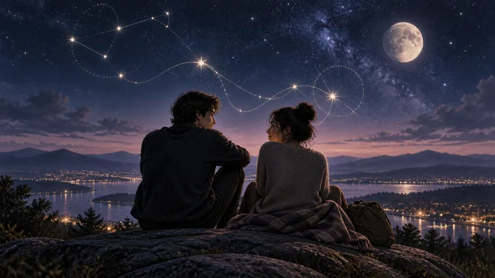 Two close friends sit together beneath a moonlit indigo sky as a delicate constellation-like thread arcs between them, suggesting a meaningful relationship at a romantic threshold.