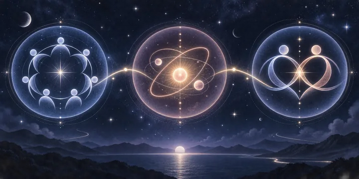 An illustrative celestial triptych moves from a communal constellation, through a warm orbital spark, to two balanced interlocking paths, representing friendship, attraction, and mutual partnership.