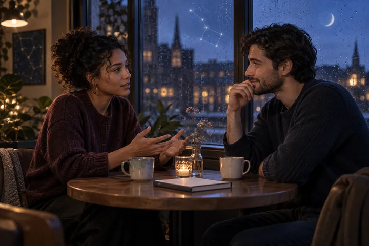 Two longtime friends have a calm, honest conversation over coffee by a rain-softened window, with a subtle constellation reflected in the blue-hour glass.