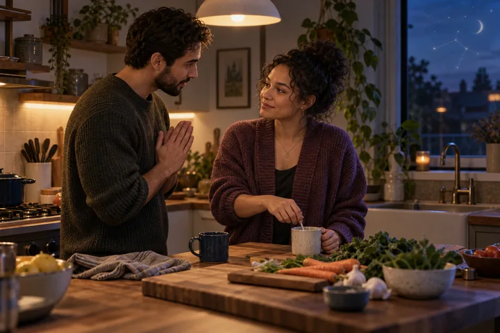 Two partners repair a small strain in a warm lived-in kitchen, with one offering an apology while the other listens and they return to a shared evening task.