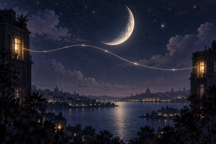 Two warmly lit homes in distant city skylines connected by a subtle luminous thread beneath a crescent moon