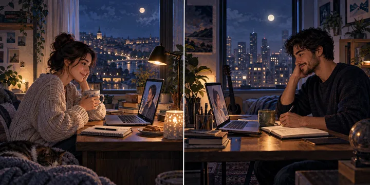 A couple in separate moonlit rooms sharing a video call while keeping the ordinary rituals of long-distance care