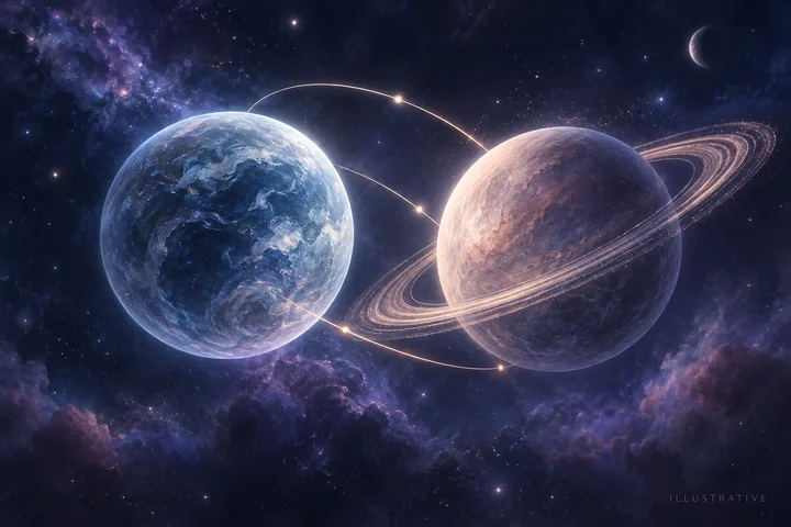 Two different luminous celestial orbs linked by balanced lines and Saturn-like rings in an illustrative synastry concept
