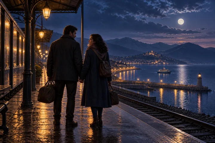 Two adults with overnight bags stand together on a moonlit waterfront platform, facing a shared horizon