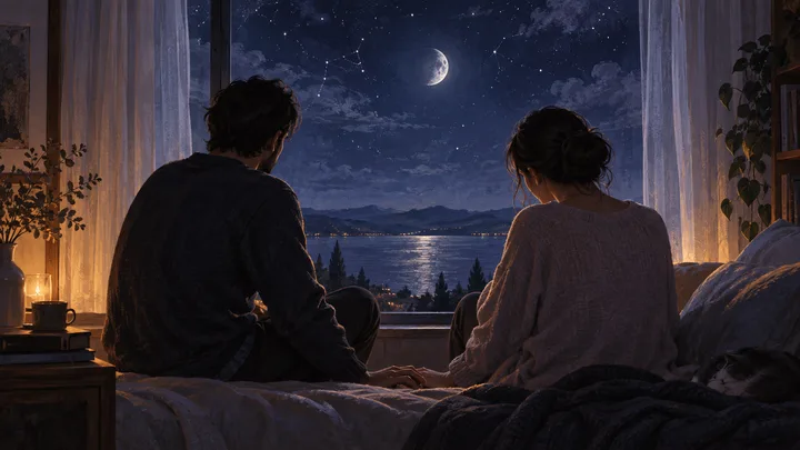 Two partners sit quietly together by a window beneath a moonlit indigo sky, their hands near each other as they reflect on grief and connection.