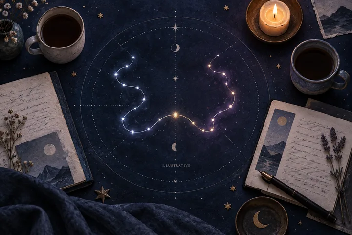 An illustrative indigo relationship map shows two separate luminous constellation paths joining at a warm point beside candles, cups, and journals.