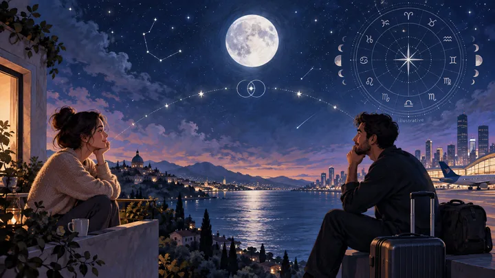 Editorial illustration accompanying: What should a meaningful couple agree before one partner moves abroad for a career opportunity?