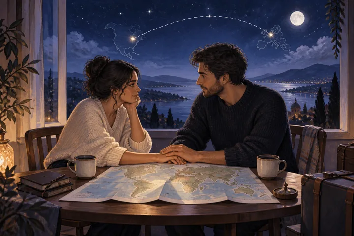 Editorial illustration accompanying: What should a meaningful couple agree before one partner moves abroad for a career opportunity?
