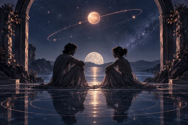 Two silhouetted figures sit beside a reflective lake beneath a stone arch, with mountains, a full moon, stars, and a glowing planet traced by an orbital line overhead.