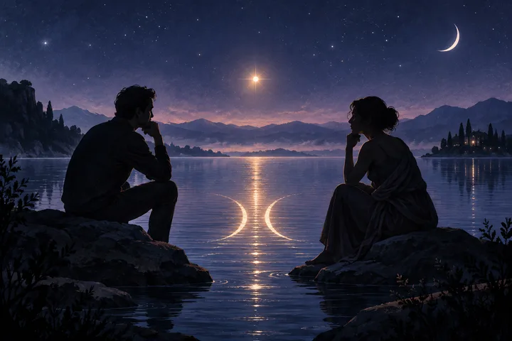 Two silhouetted figures sit on opposite rocky shores of a lake beneath a starry sky, with mountains, a crescent moon, a bright star, and curved light reflections on the water.