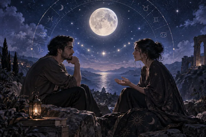 A couple sits face to face beside a moonlit lake beneath an illustrative zodiac circle, suggesting a direct conversation about choosing commitment.