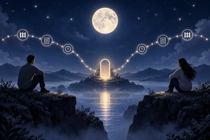 Glowing lines connect two clocks and written agreements across a misty lake toward a lit doorway, illustrating shared timing and clear terms.