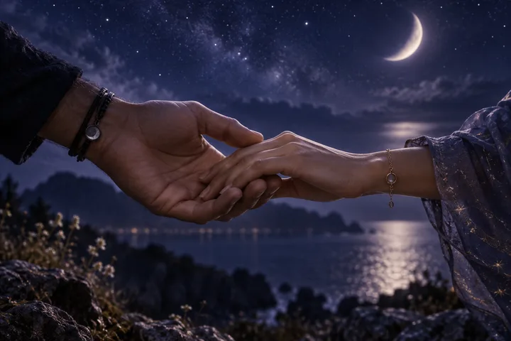 Two hands reach across a moonlit shoreline beneath a crescent moon, symbolizing consent and a mutual relationship decision.