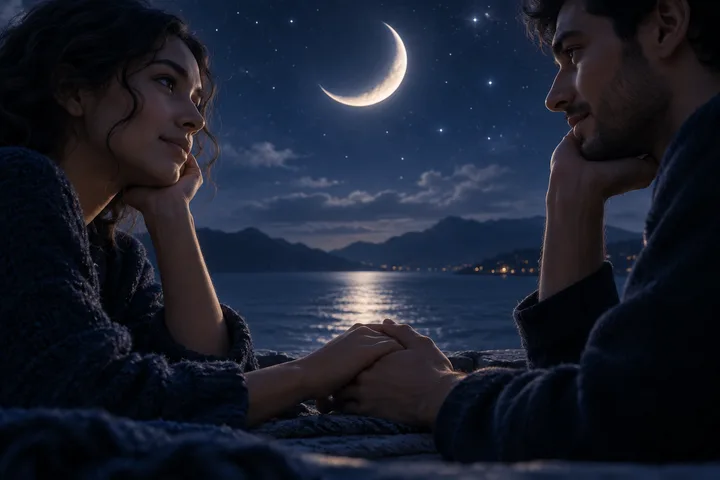 A couple holds hands beside dark water under a crescent moon, meeting each other's gaze with the calm attention needed for repair.