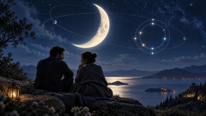 Two people sit together on a rocky overlook beside a lantern, facing a moonlit lake and mountains beneath a crescent moon and starry sky with circular celestial linework.