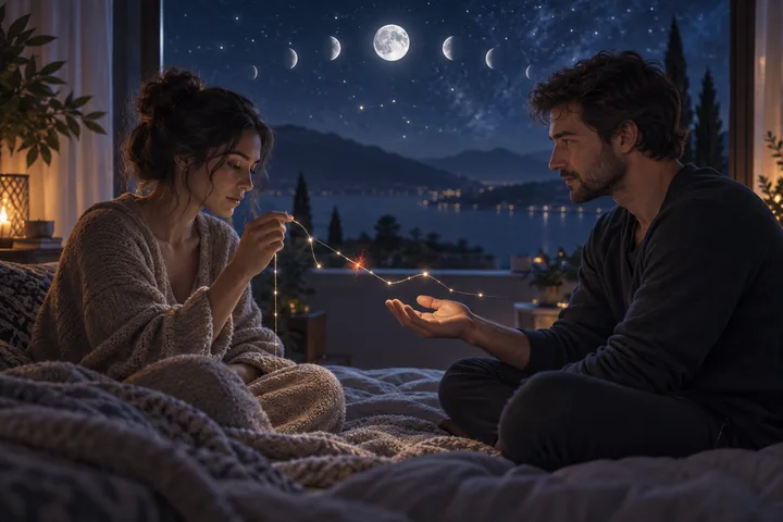 Two people sit on a bed indoors while holding a glowing strand of lights between them; moon phases, stars, mountains, and a lake are visible through the window.
