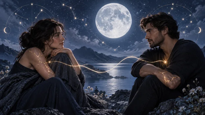 Two people face each other beneath a full moon, linked by a glowing strand across a mountain lake.