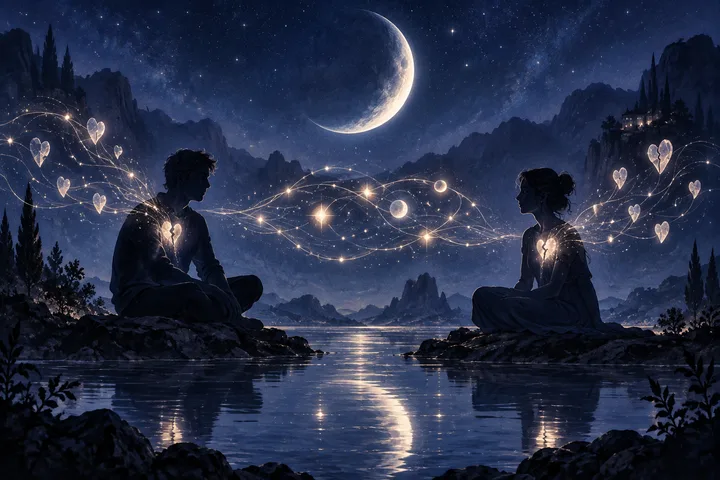 Two silhouetted people sit apart across a moonlit lake, linked by glowing strands and small heart shapes.