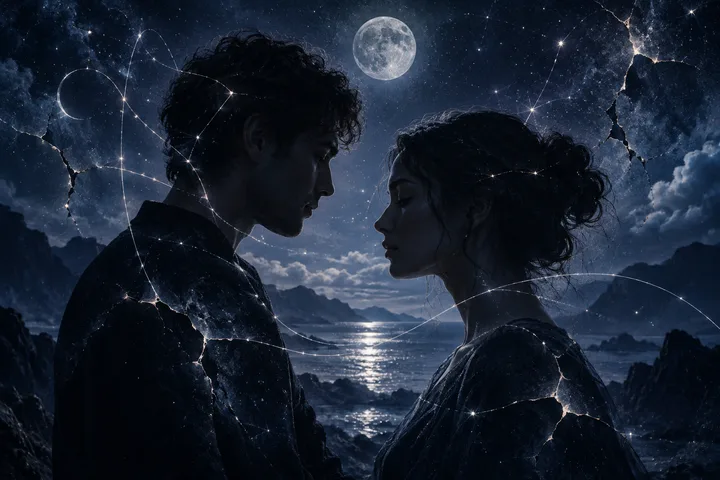 Two silhouetted people face each other beneath a full moon, with luminous cracks and star lines crossing the scene.