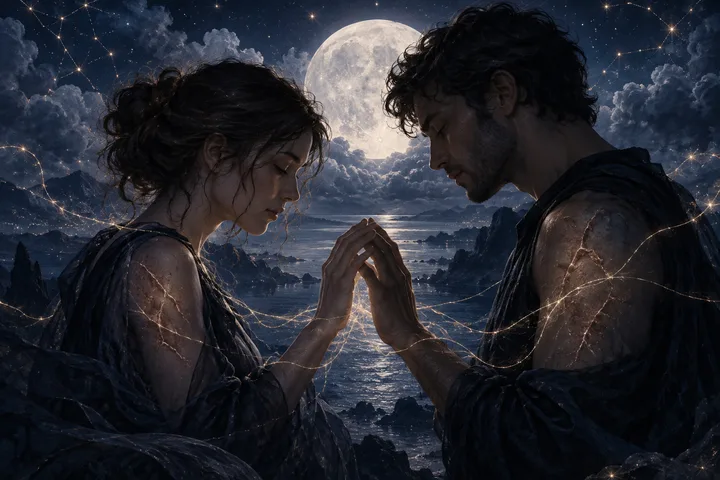 Two people touch hands beneath a full moon as glowing lines connect them across a moonlit sea.