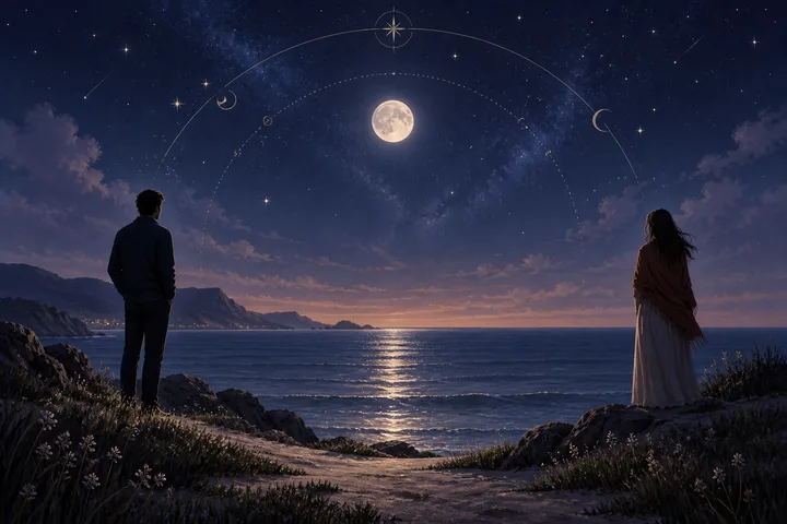 Two people stand apart on opposite sides of a moonlit shoreline beneath an illustrative celestial arc, reflecting on the truth of ending a meaningful connection.