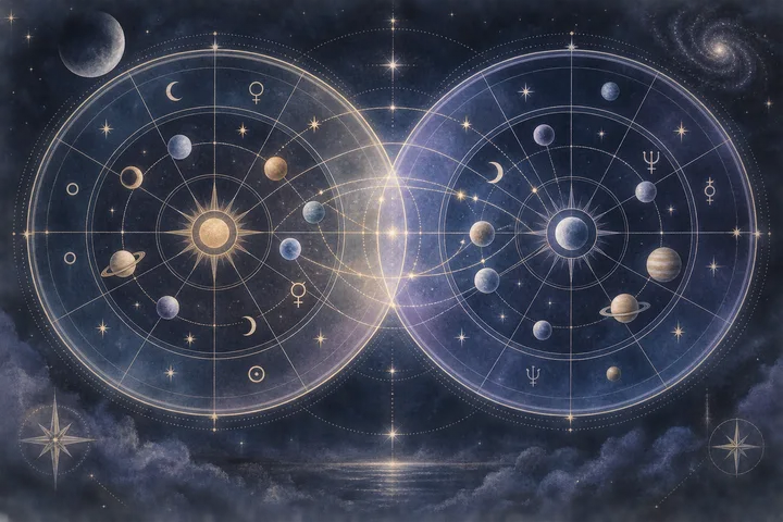 Two overlapping illustrative celestial chart circles with planets and luminous lines represent synastry as a language for mutual influence rather than fixed fate.