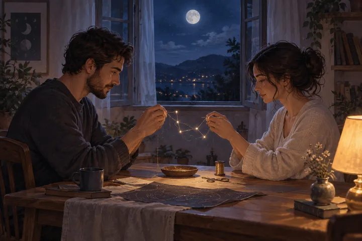 Two people sit across a table in moonlight, carefully mending a small constellation between them as a symbol of mutual participation and repair.