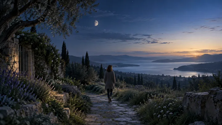 A solitary figure walks from a moonlit garden toward a softly lit coastal landscape, symbolizing release, grief, and a return to ordinary life.
