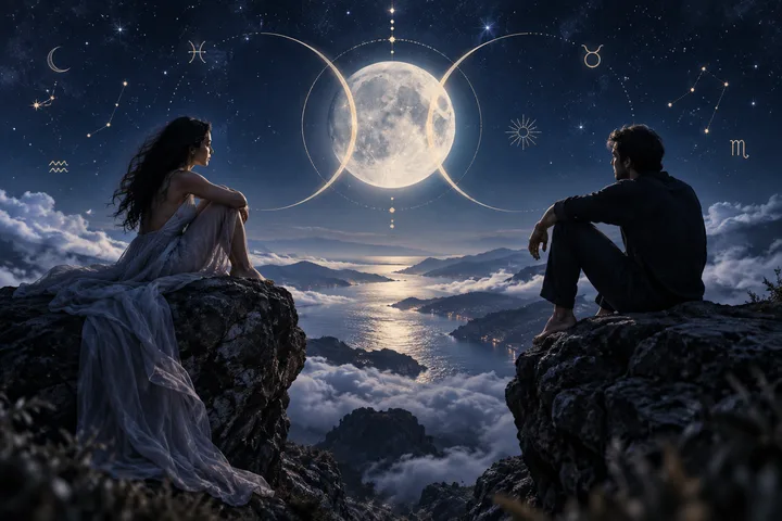 Two people sit on separate rocky cliffs beneath a bright Moon, facing each other across a moonlit bay with celestial symbols overhead.