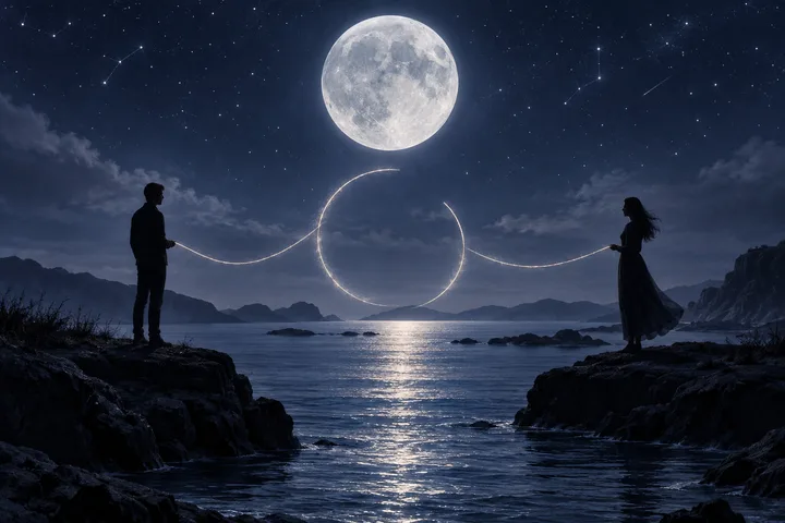 Two silhouetted figures stand on separate rocky shores across a moonlit bay, with one glowing looping line stretching between them beneath a full Moon.